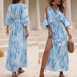 BOHO Blue Tie-Dye Split Sleve Maxi Dress